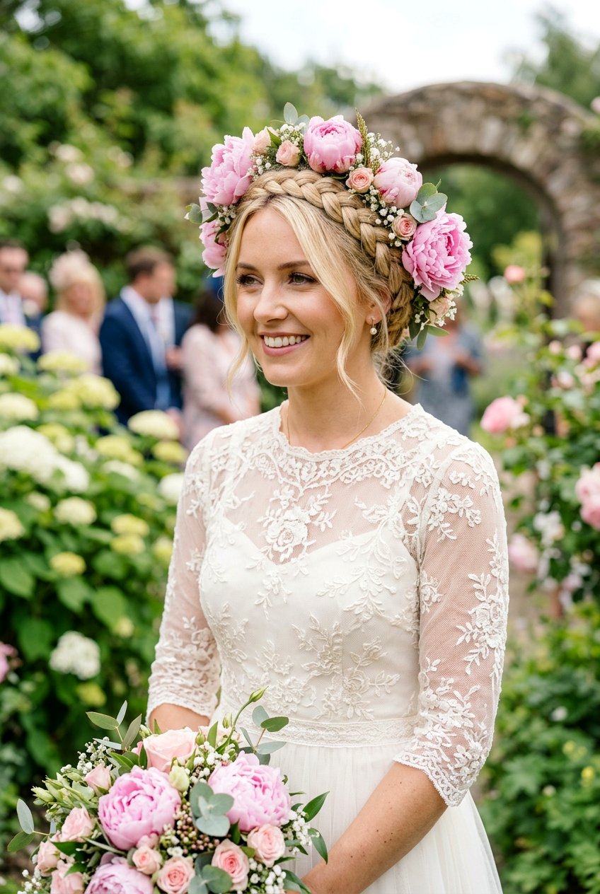 Milkmaid Braid With Peony Accents - 20 floral bridal braid hairstyle - 20 floral bridal braid hairstyle