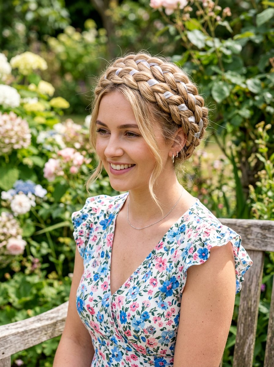 Milkmaid Braid With Silver Ribbon - 20 silver ribbons for shoulder length hair - 20 silver ribbons for shoulder length hair