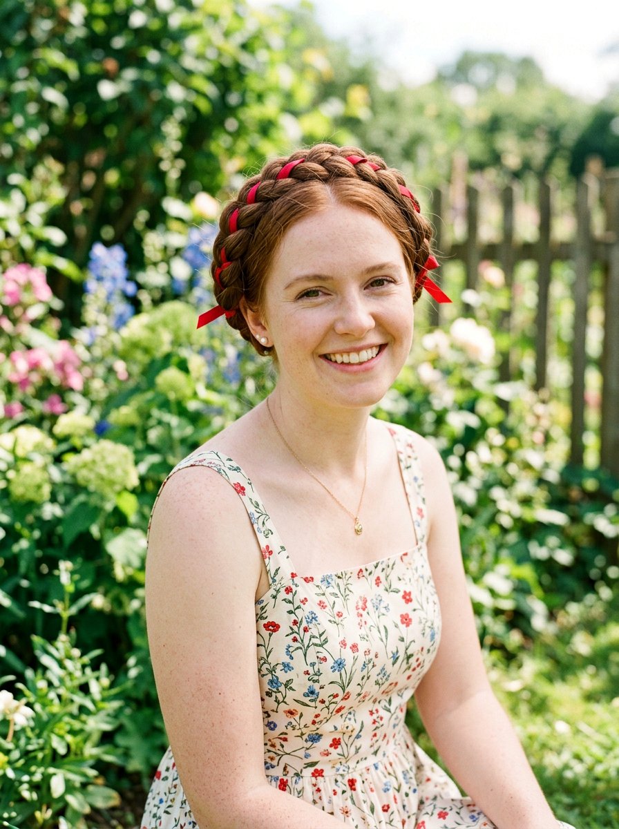 Milkmaid Braids With Red Ribbons - 20 red ribbons for medium brown hair - 20 red ribbons for medium brown hair