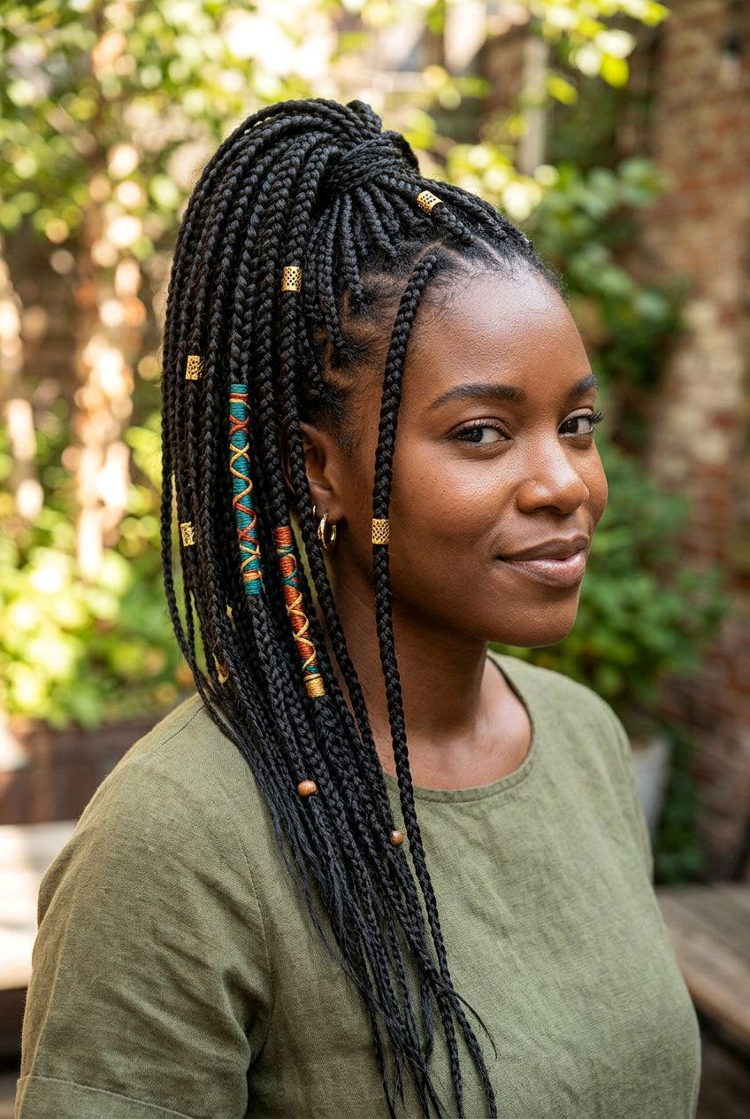 Mini Braids Ponytail with Colored Extensions - 20 mini braids ponytail for natural hair - 20 mini braids ponytail for natural hair