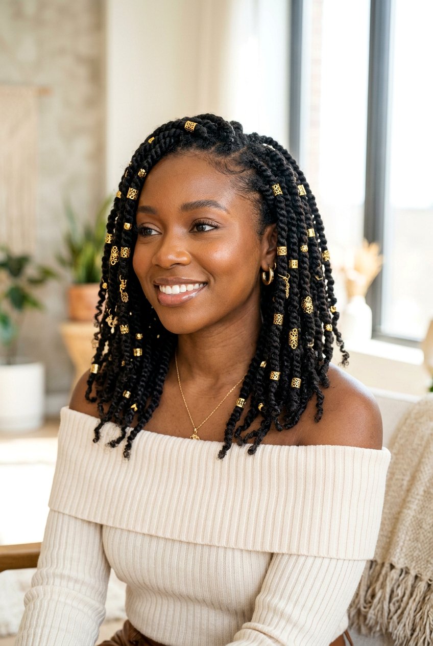 Mini Twists With Gold Cuffs - 20 mini twists on 4c hair women - 20 mini twists on 4c hair women