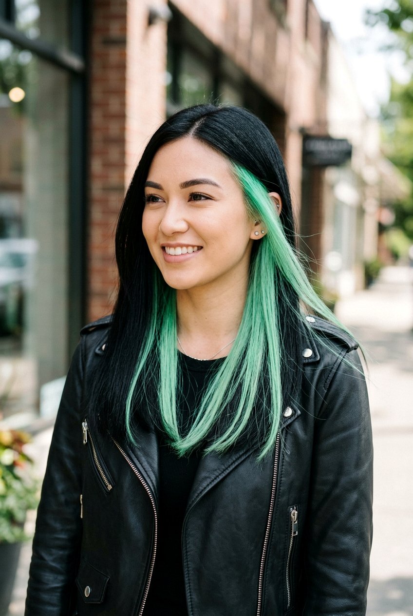 Mint Peekaboo Highlights on Black Hair - 20 mint peekaboo highlights - 20 mint peekaboo highlights