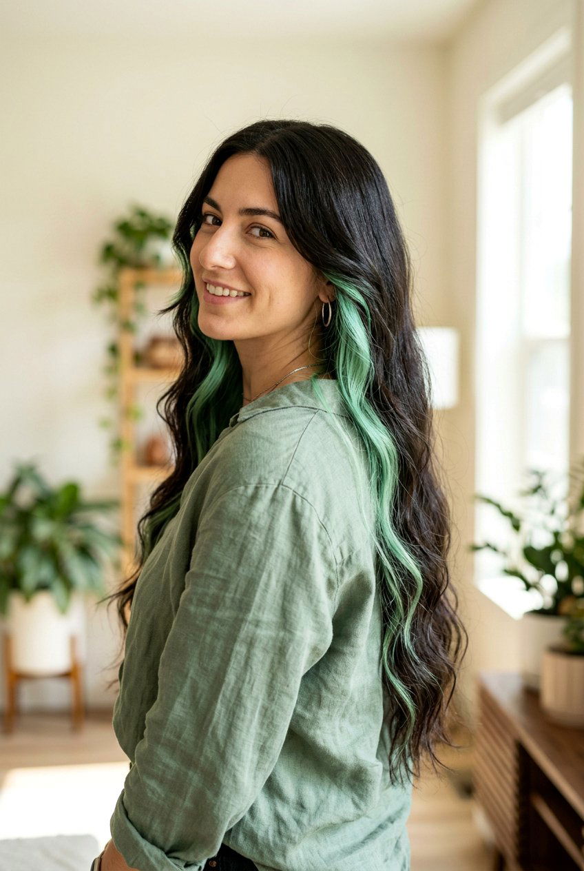 Mint Peekaboo Highlights on Long Hair - 20 mint peekaboo highlights - 20 mint peekaboo highlights