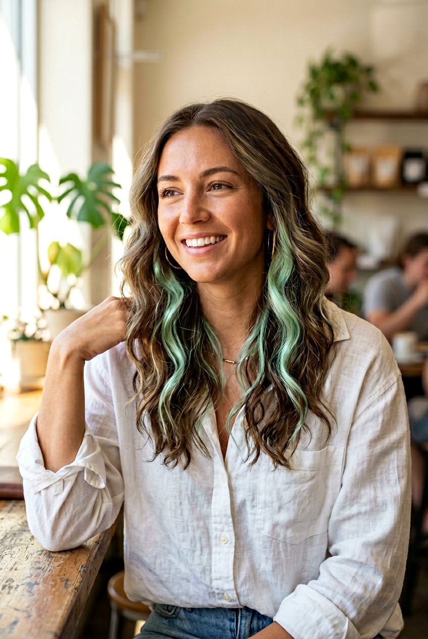 Mint Peekaboo Highlights on Wavy Hair - 20 mint peekaboo highlights - 20 mint peekaboo highlights