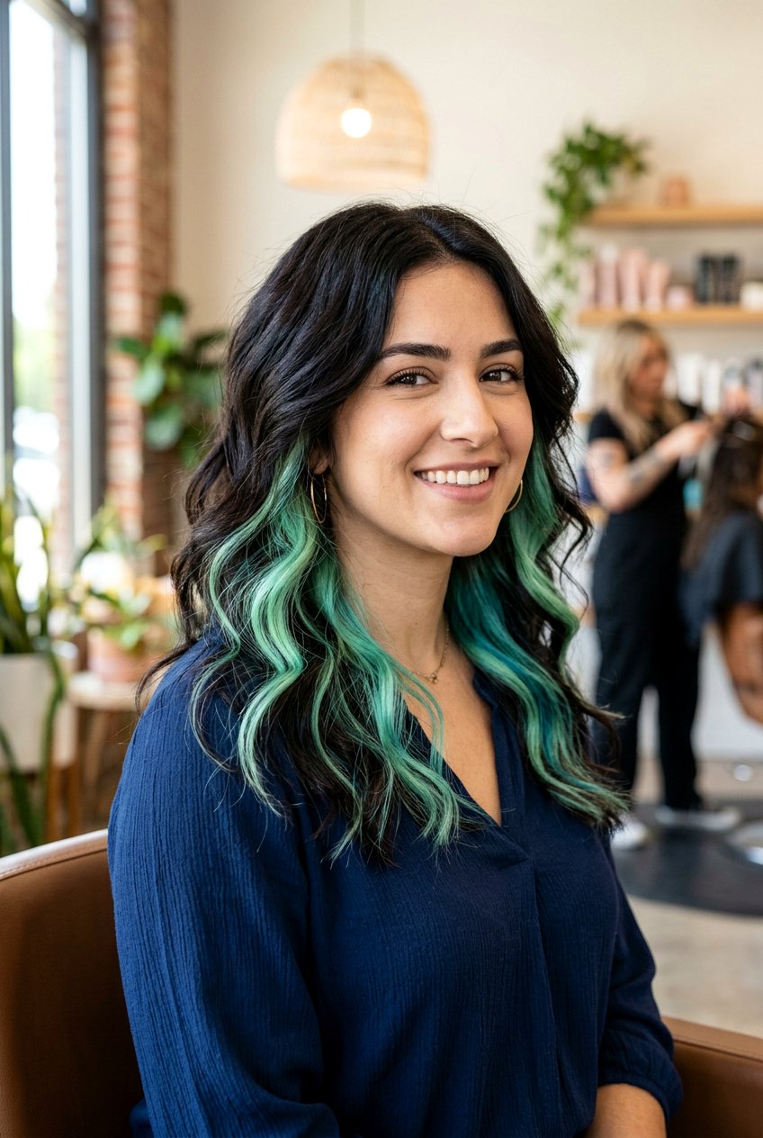 Mint and Teal Peekaboo Highlights for Dark Hair - 20 mint peekaboo highlights - 20 mint peekaboo highlights