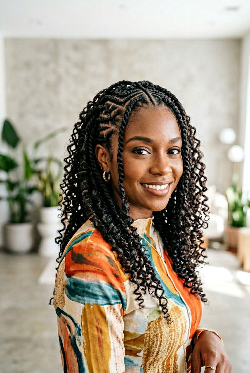 Mixed Texture Cornrows With Mixed Curls - 20 straight back cornrows with curly ends - 20 straight back cornrows with curly ends