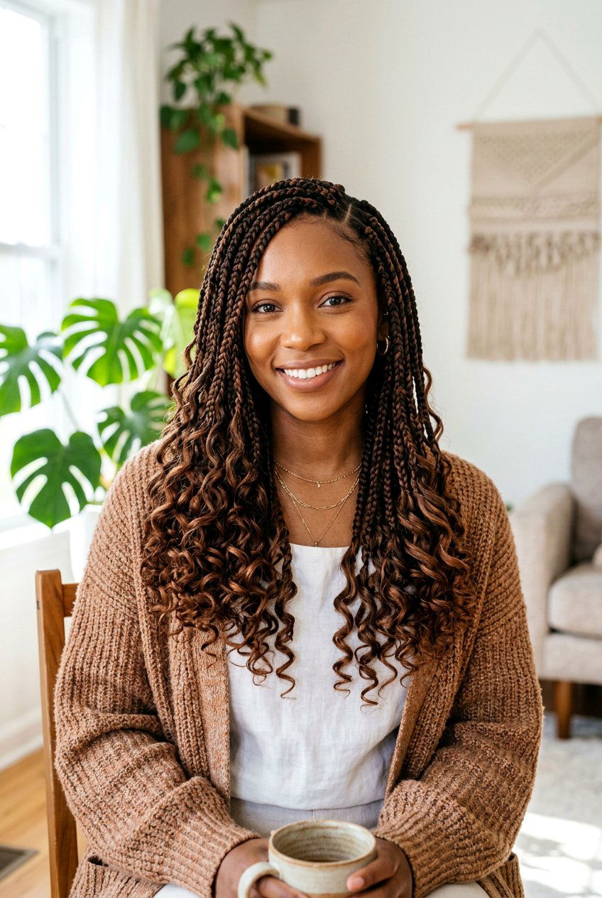 Mixed brown boho box braids with curls - 20 boho box braids with curls - 20 boho box braids with curls
