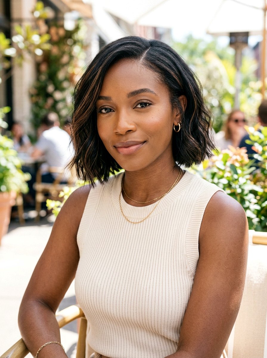 Mocha Babylights On A Black Bob Haircut - 20 subtle highlights for dark black hair - 20 subtle highlights for dark black hair