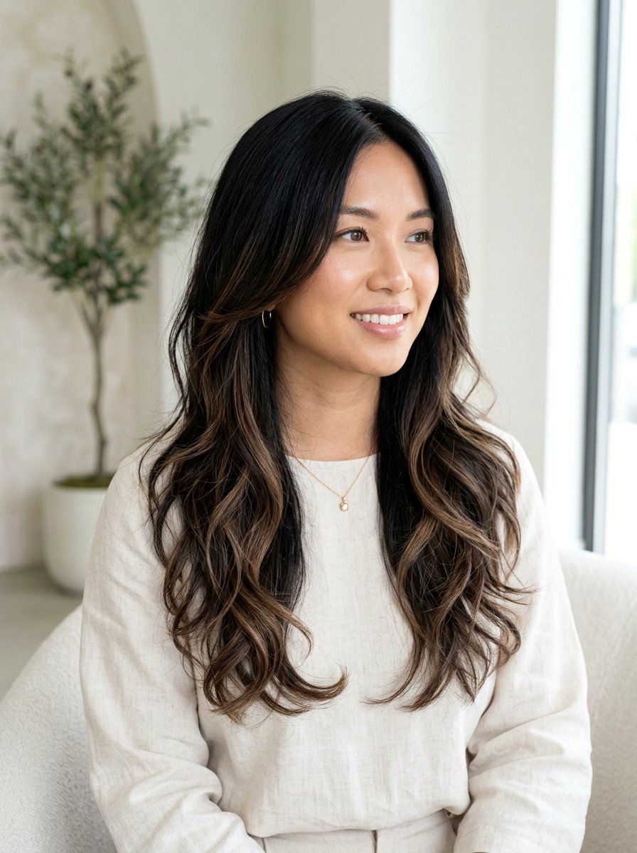 Mocha Balayage On Black Layered Hair - 20 subtle highlights for dark black hair - 20 subtle highlights for dark black hair