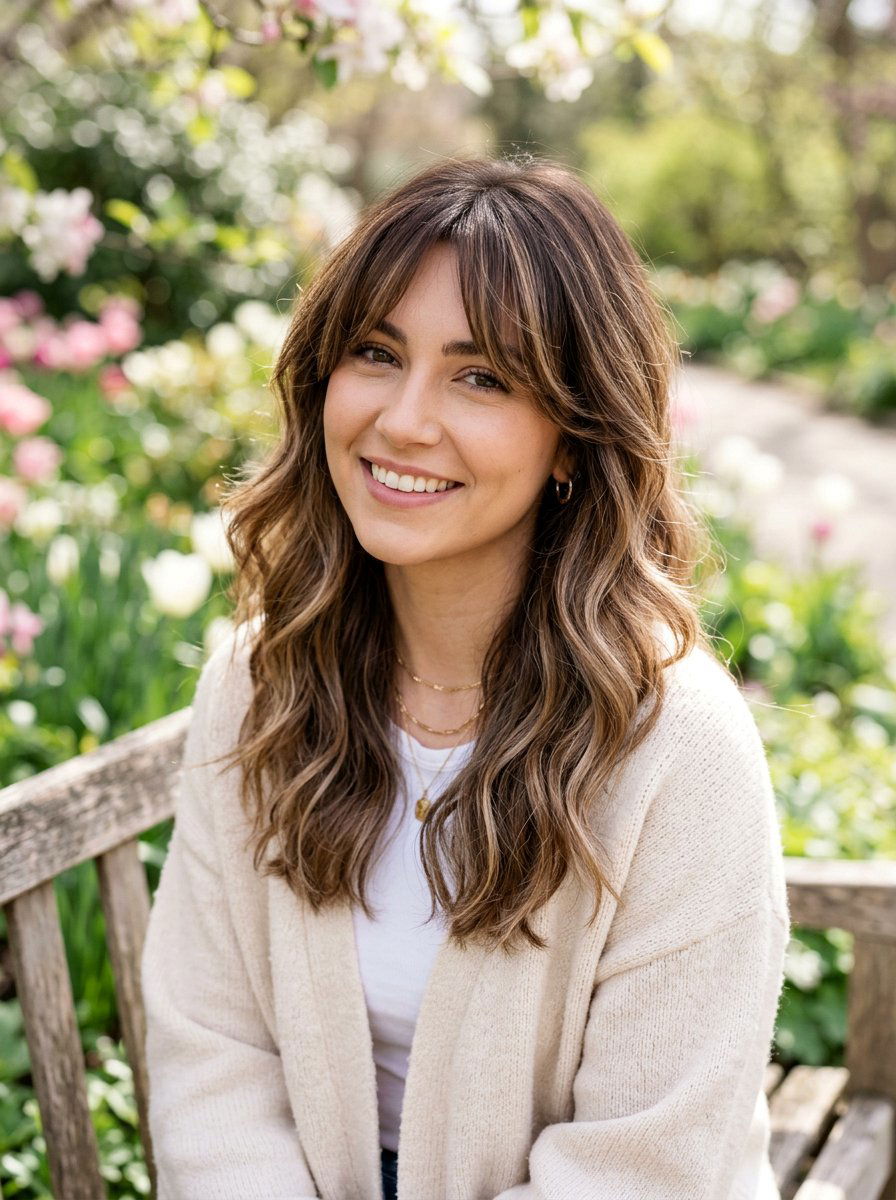 Mocha Balayage With Curtain Bangs - 20 spring balayage for brunettes - 20 spring balayage for brunettes