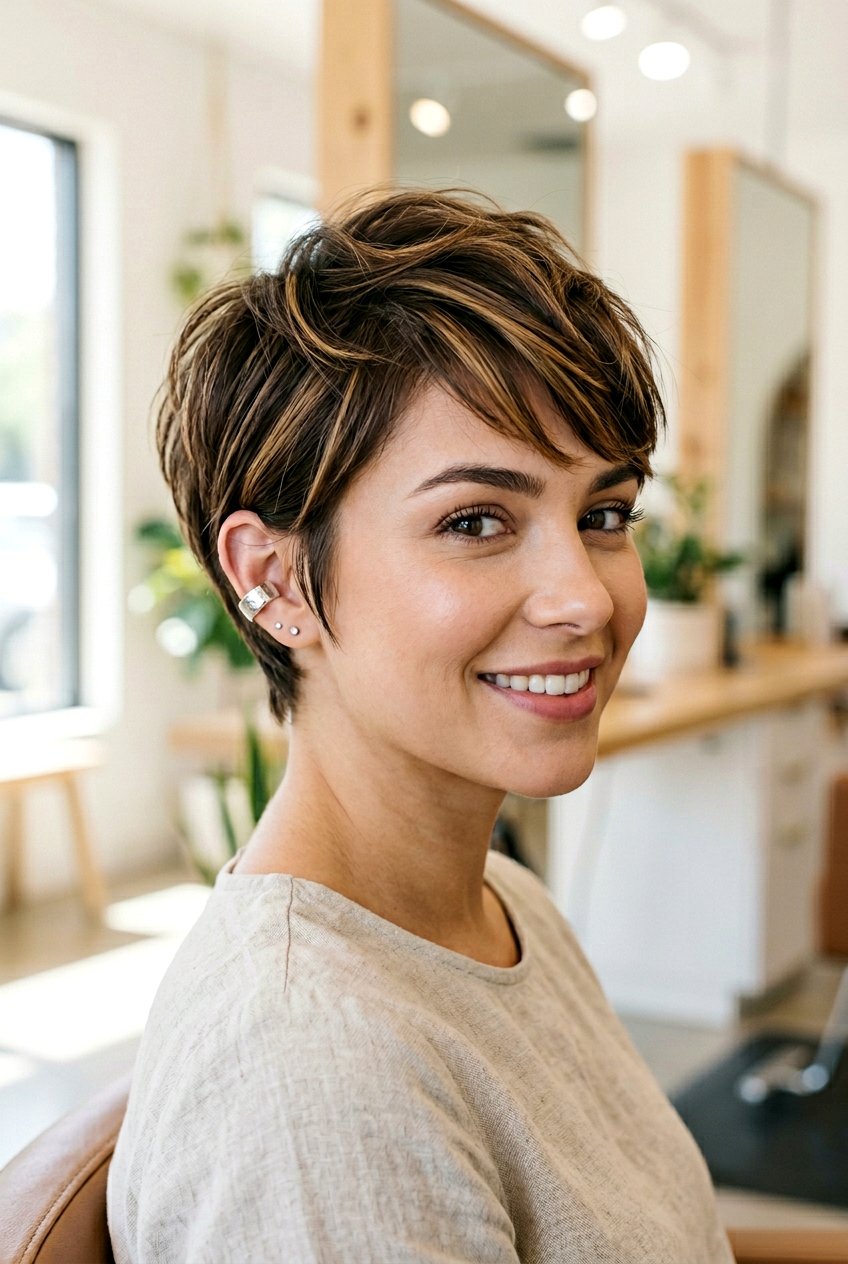 Mocha Brunette Honey Highlights Pixie Cut - 20 mocha brunette with honey highlights - 20 mocha brunette with honey highlights