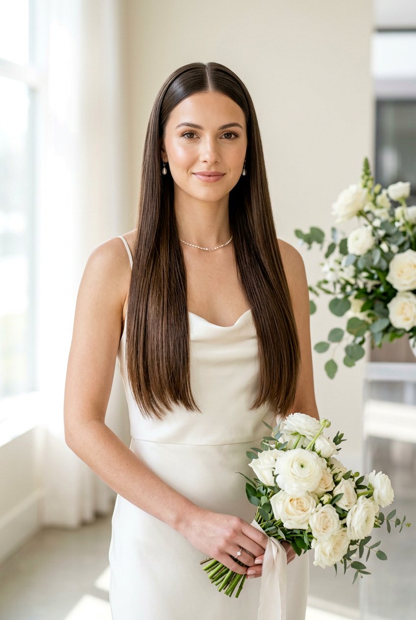 Modern Middle Part Straight Bridal Hair - 20 bridal hairstyle for sleek modern wedding - 20 bridal hairstyle for sleek modern wedding