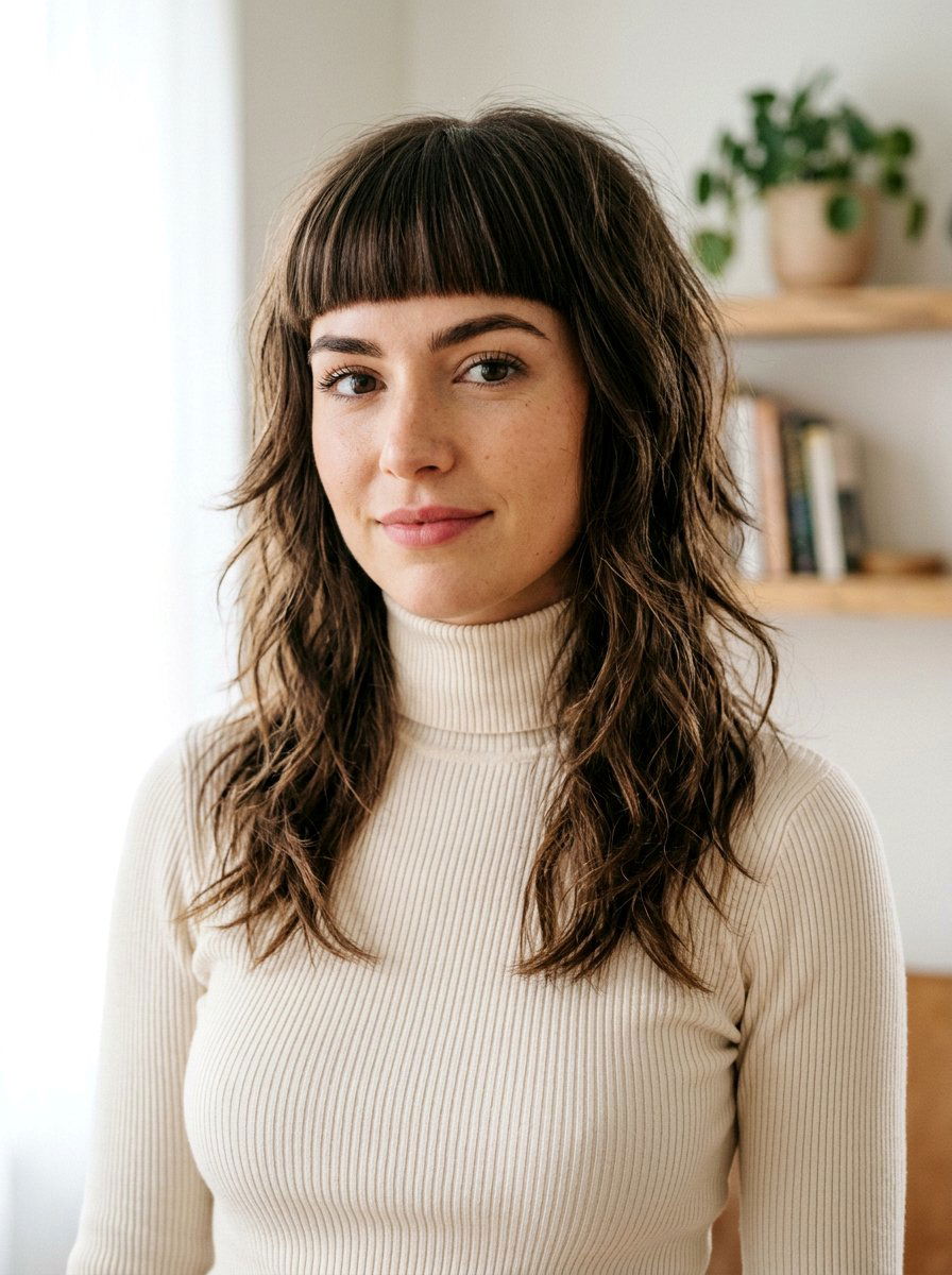 Modern shag with thick straight bangs - 20 shoulder length shag for thick hair - 20 shoulder length shag for thick hair