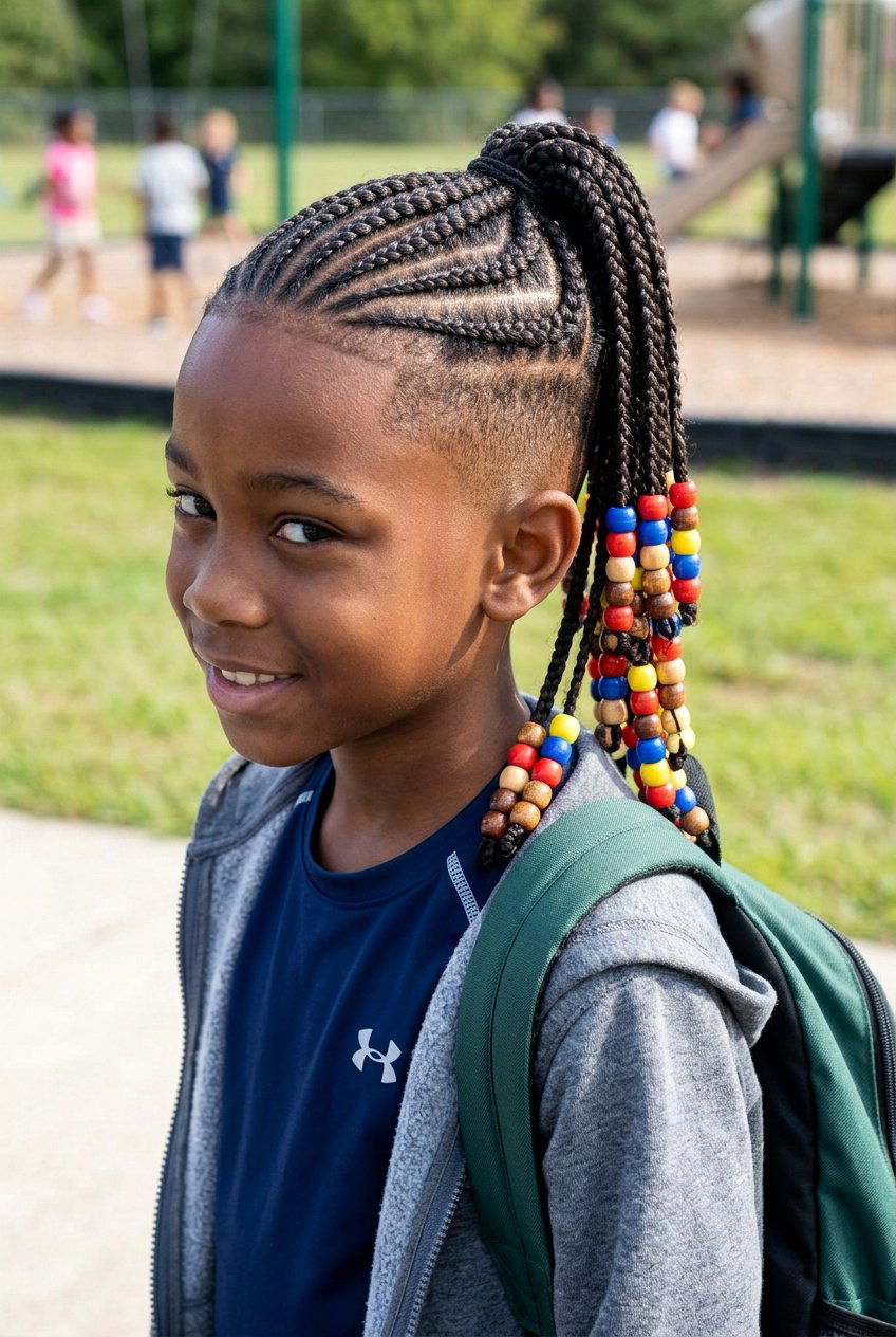 Mohawk Cornrows with Beads and High Fade - 20 little boys braids with beads - 20 little boys braids with beads