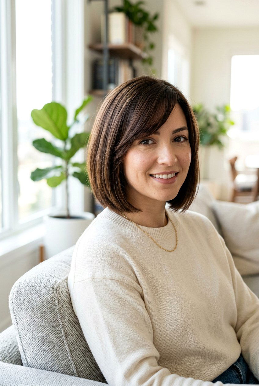 Mom Bob with Side Swept Bangs - 20 chic mom haircut - 20 chic mom haircut