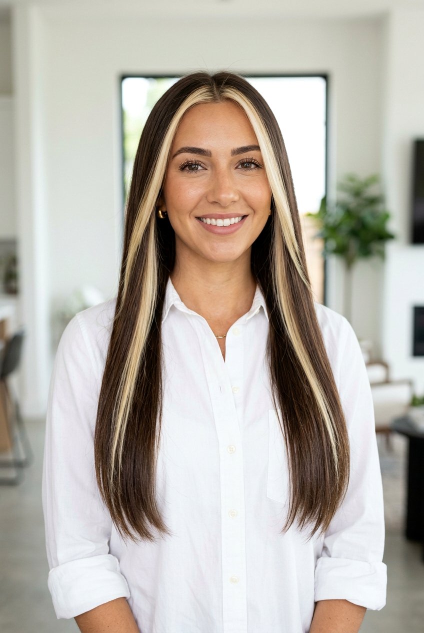 Money Piece Highlights on Long Straight Brunette Hair - 20 hair color ideas for long straight hair - 20 hair color ideas for long straight hair