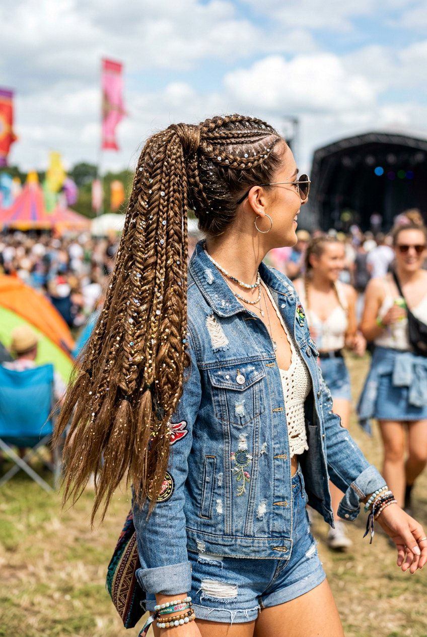 Multi Braid Ponytail With Glitter Accents - 20 festival braid ponytail with glitter - 20 festival braid ponytail with glitter