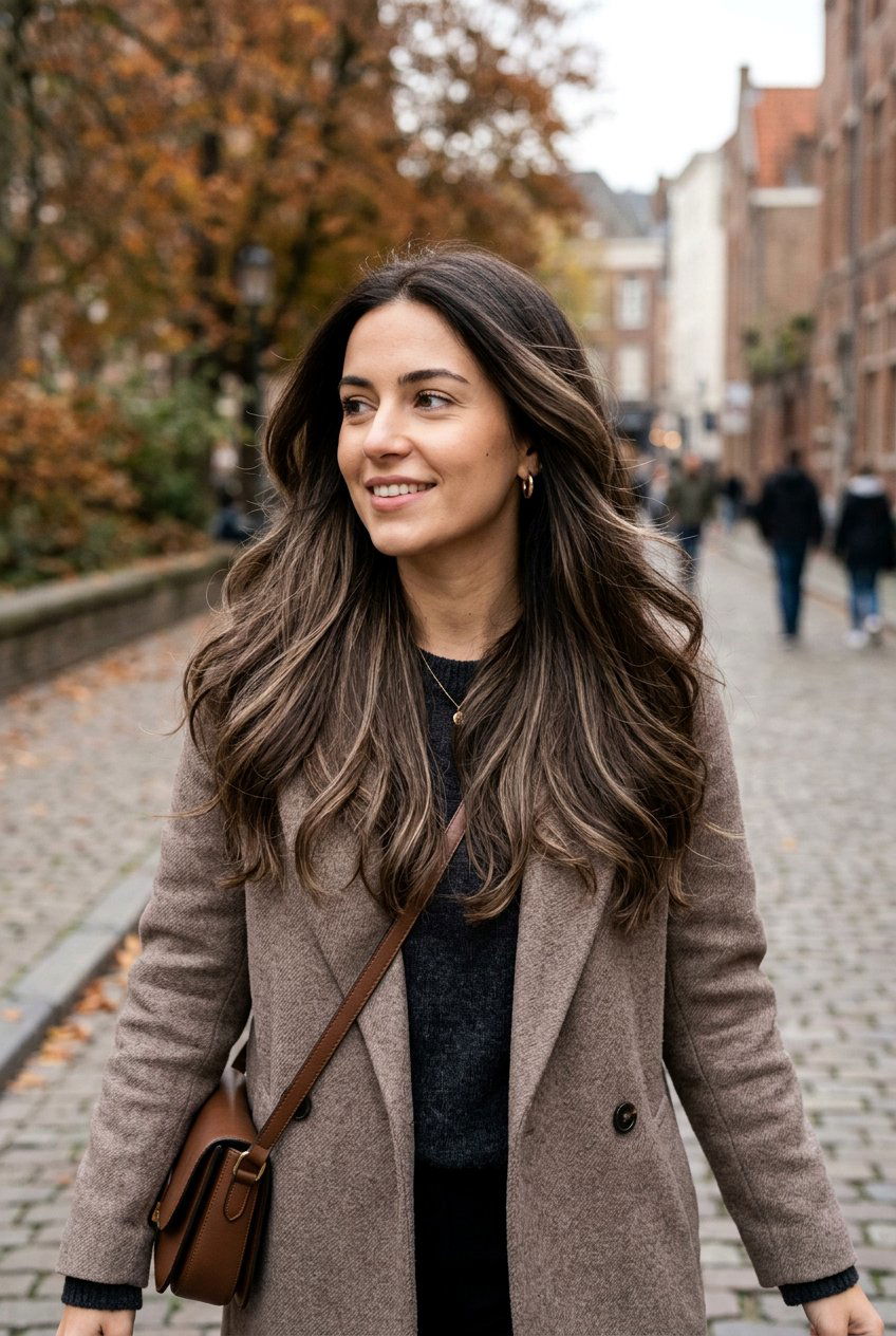 Mushroom Beige Highlights on Dark Brunette Hair - 20 dark brunette with cool beige highlights - 20 dark brunette with cool beige highlights