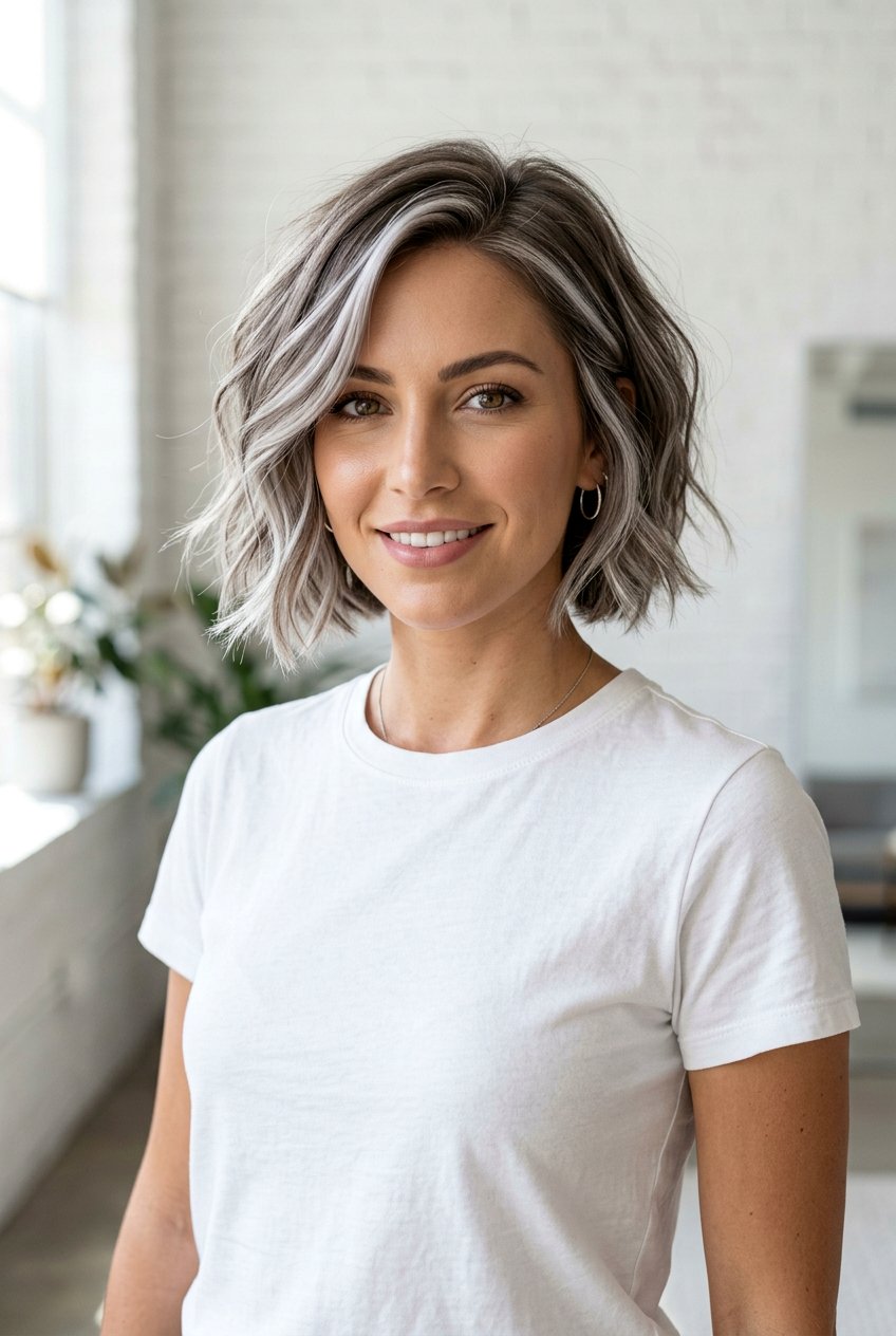 Mushroom Brown Bob With Silver Accents - 20 natural looking silver highlights - 20 natural looking silver highlights