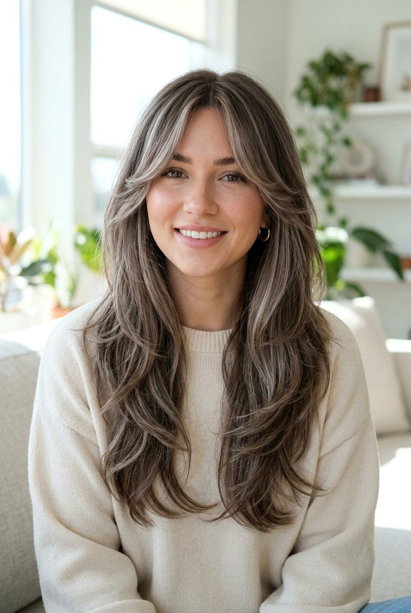 Mushroom Brown Curtain Bangs Look - 20 mushroom brown hair color - 20 mushroom brown hair color