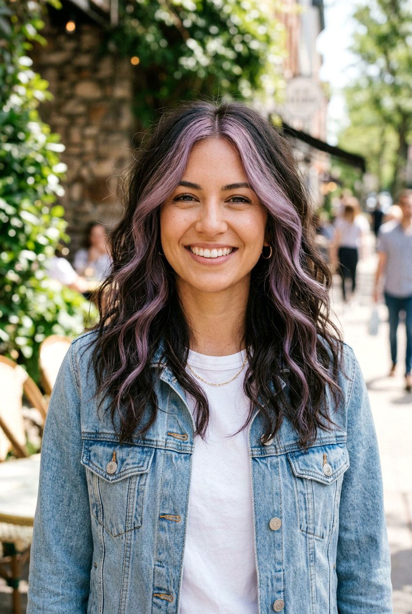 Muted Lilac Money Piece For Wavy Dark Hair - 20 lilac money piece on dark hair - 20 lilac money piece on dark hair