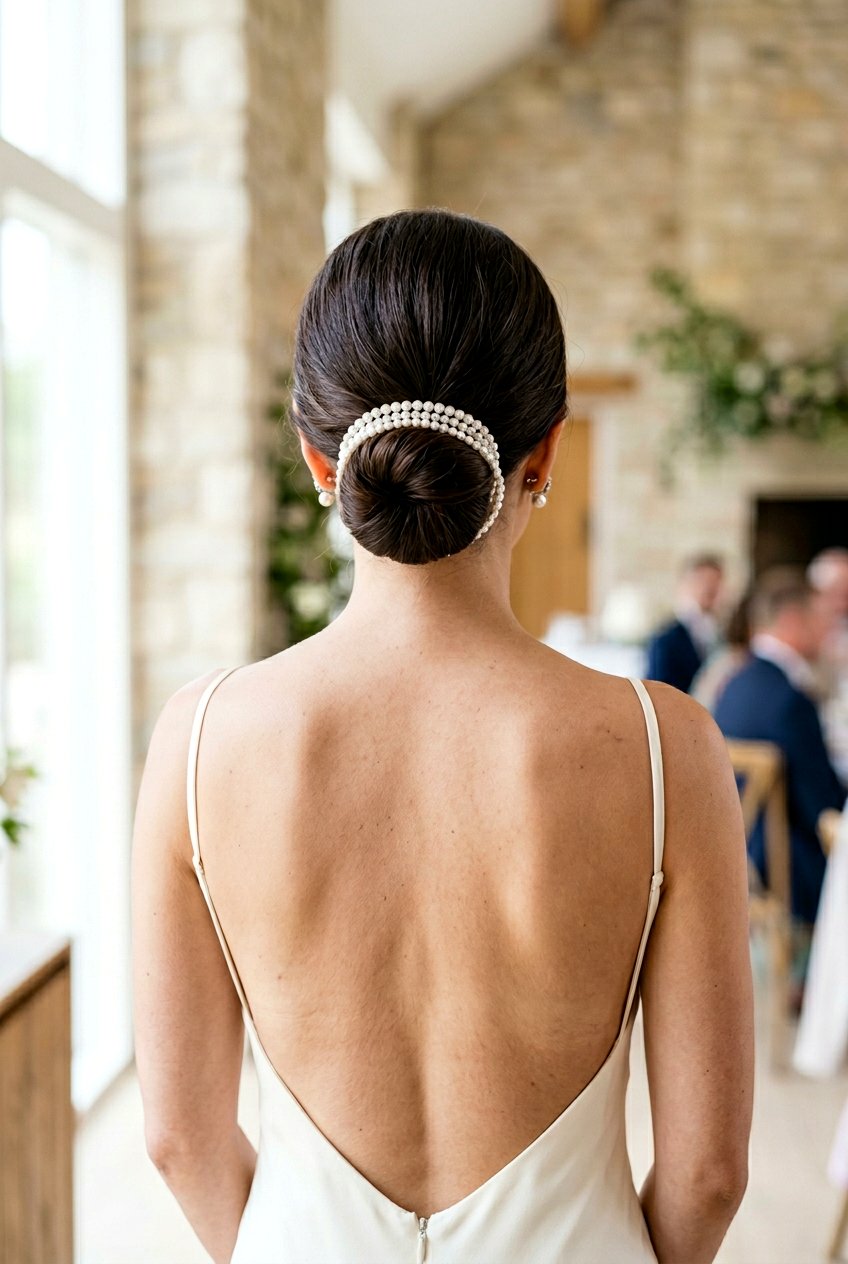 Nape Low Bun With Pearl Wrap - 20 birthday hairstyle with low bun and pearls - 20 birthday hairstyle with low bun and pearls