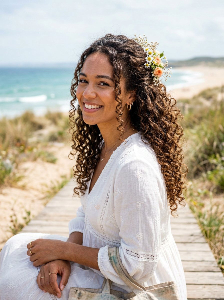 Natural Curls Half Up - 20 wedding hairstyles for beach ceremony - 20 wedding hairstyles for beach ceremony