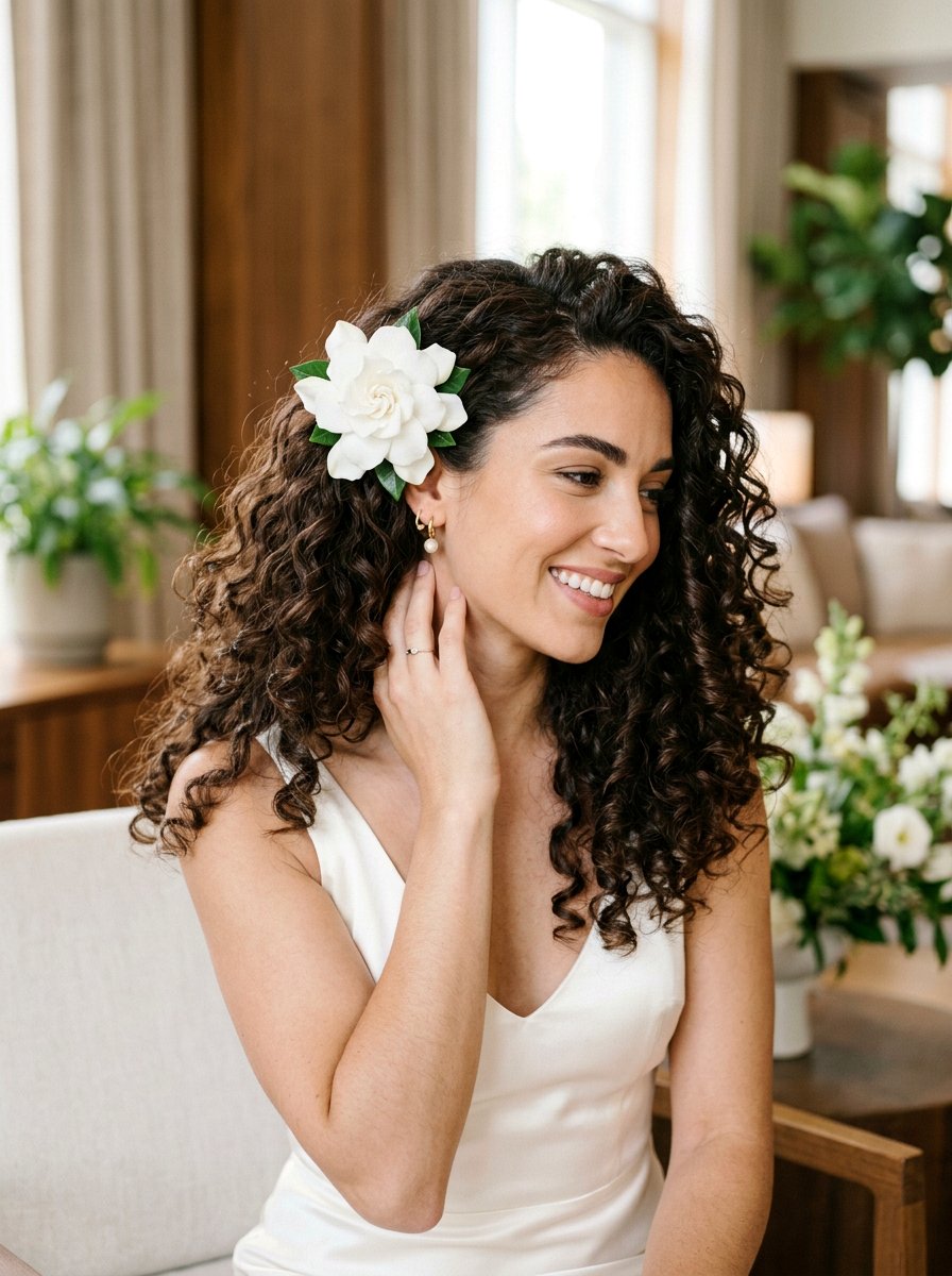 Natural Curls With Floral Clip - 20 wedding hairstyles for garden ceremony - 20 wedding hairstyles for garden ceremony