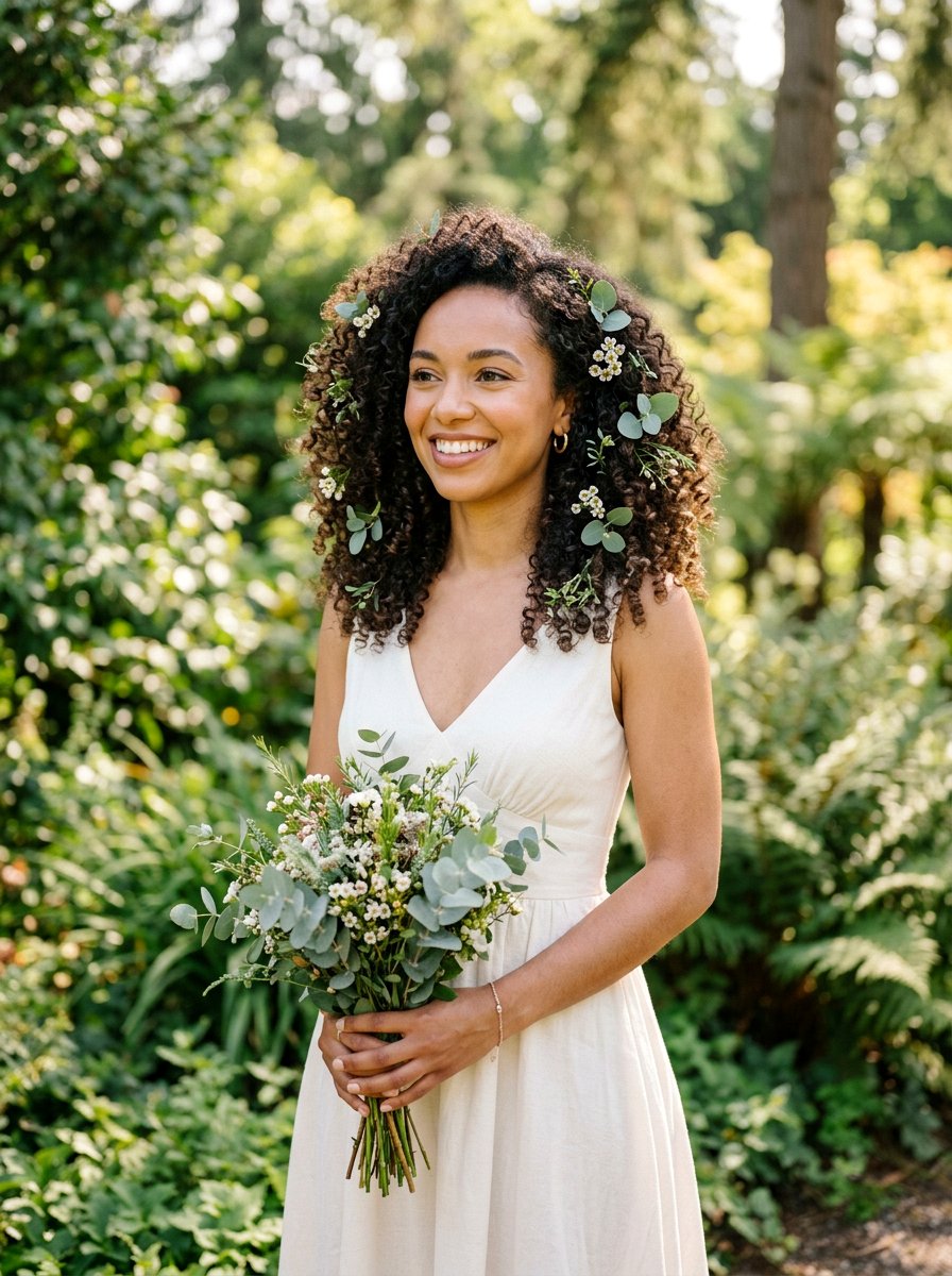 Natural Curls With Greenery - 20 wedding hairstyles for elopement - 20 wedding hairstyles for elopement