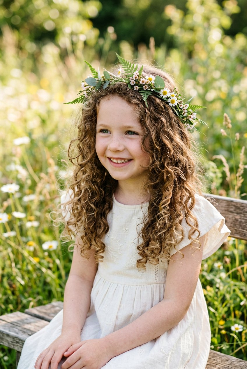 Natural Curls With Minimalist Flower Crown - 20 flower girl hairstyles with curls - 20 flower girl hairstyles with curls