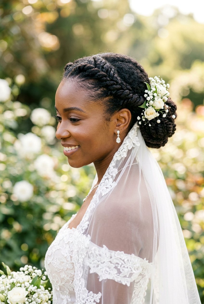 Natural Hair Crown Twist With Low Bun - 20 natural bridal hairstyles for black women - 20 natural bridal hairstyles for black women