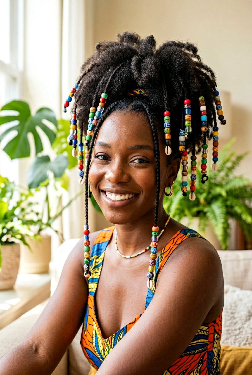 Natural Puff With Beaded Ends - 20 black women natural puff ideas - 20 black women natural puff ideas