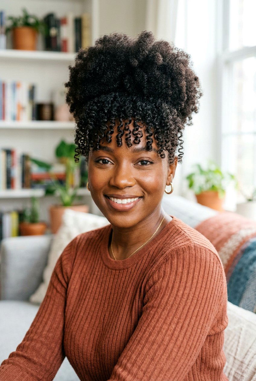 Natural Puff With Curly Fringe - 20 black women natural puff ideas - 20 black women natural puff ideas