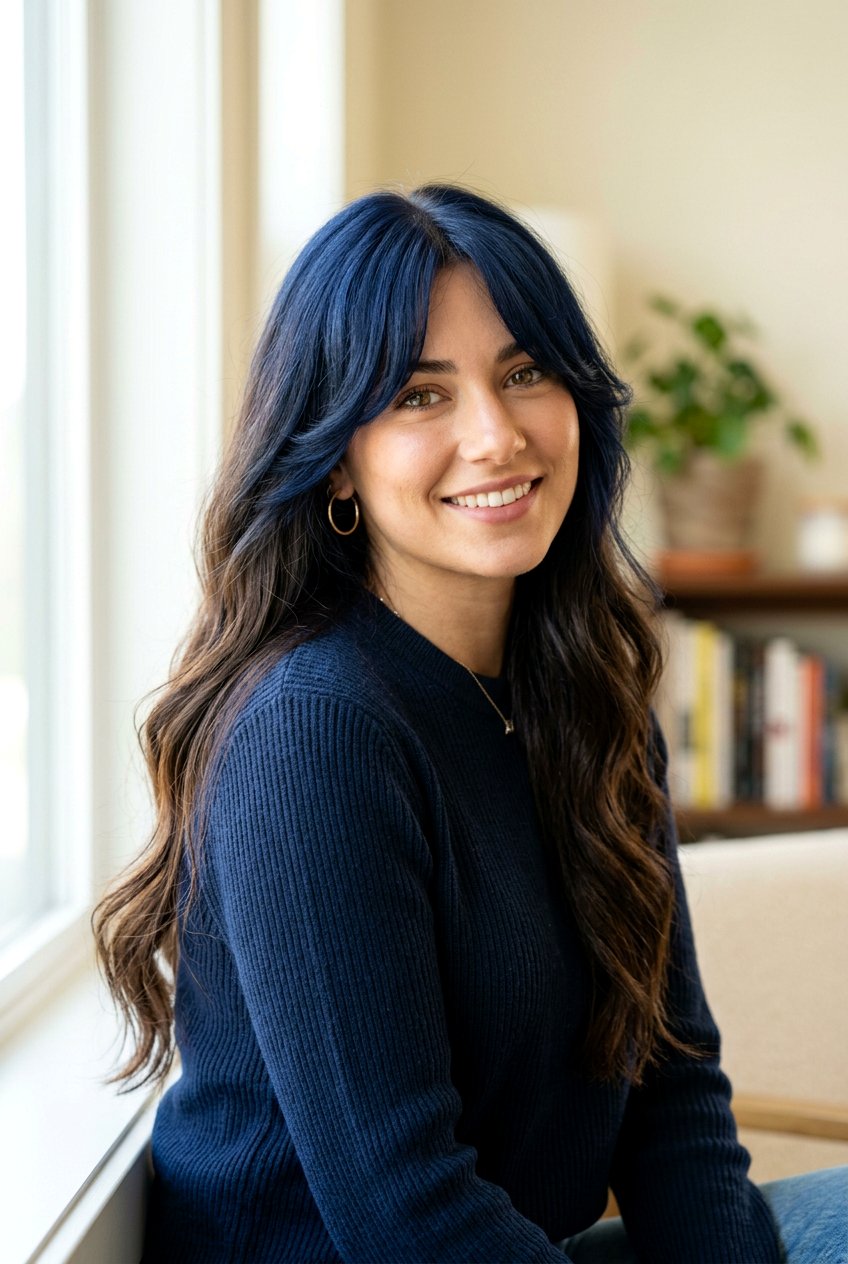 Navy Blue Curtain Bangs Hairstyle - 20 navy blue hair color - 20 navy blue hair color