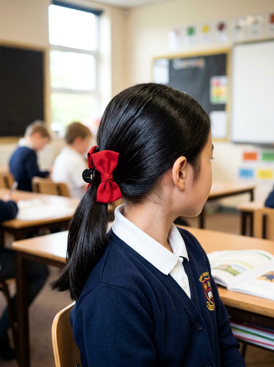 Neat School Ponytail with Bow Shaped Claw Clip - 20 school ponytail with claw clip - 20 school ponytail with claw clip