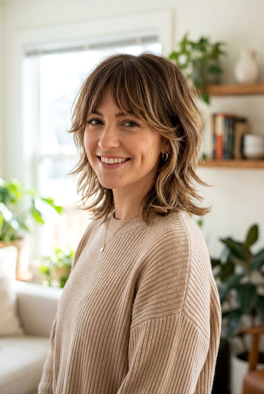 Neck Length Shag With Bottleneck Fringe - 20 shag haircut with bottleneck bangs - 20 shag haircut with bottleneck bangs