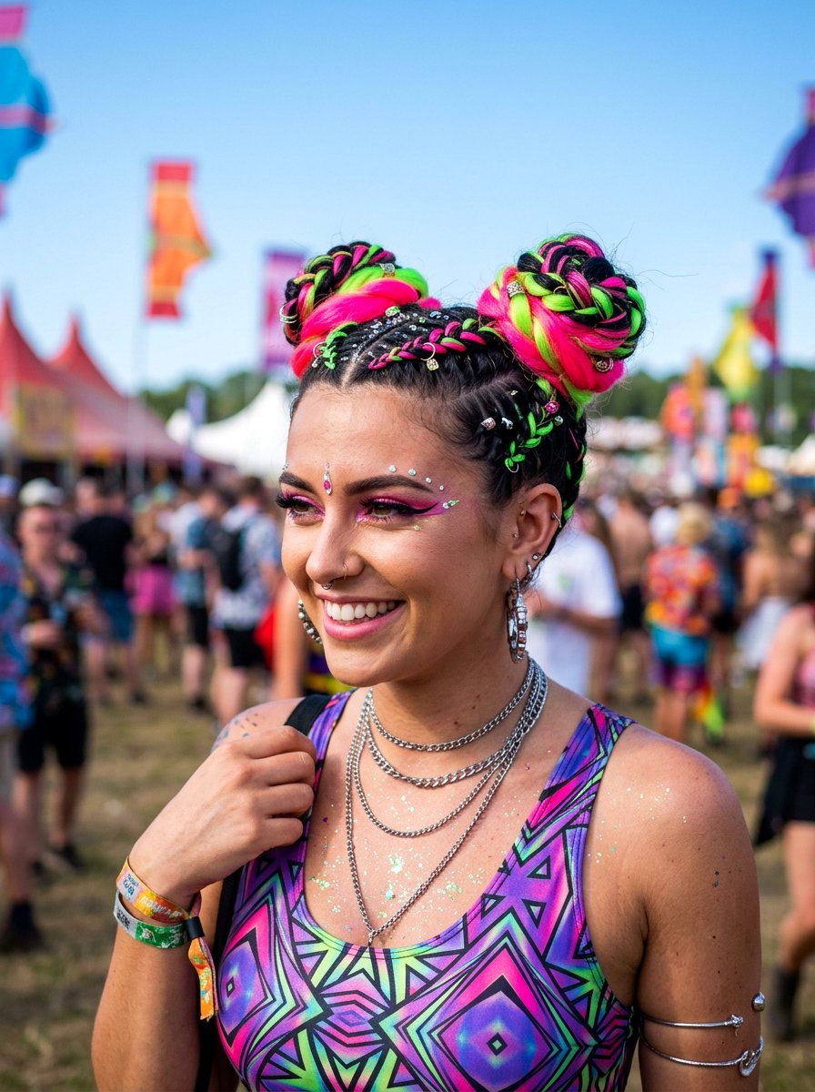 Neon Extension Rave Braid Buns - 20 rave braid buns hairstyle