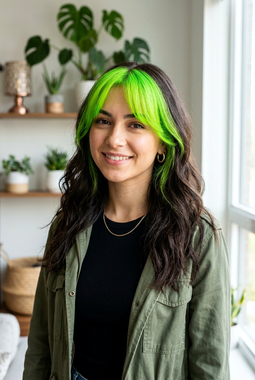 Neon Green Curtain Bangs with Color - 20 neon green hair color - 20 neon green hair color