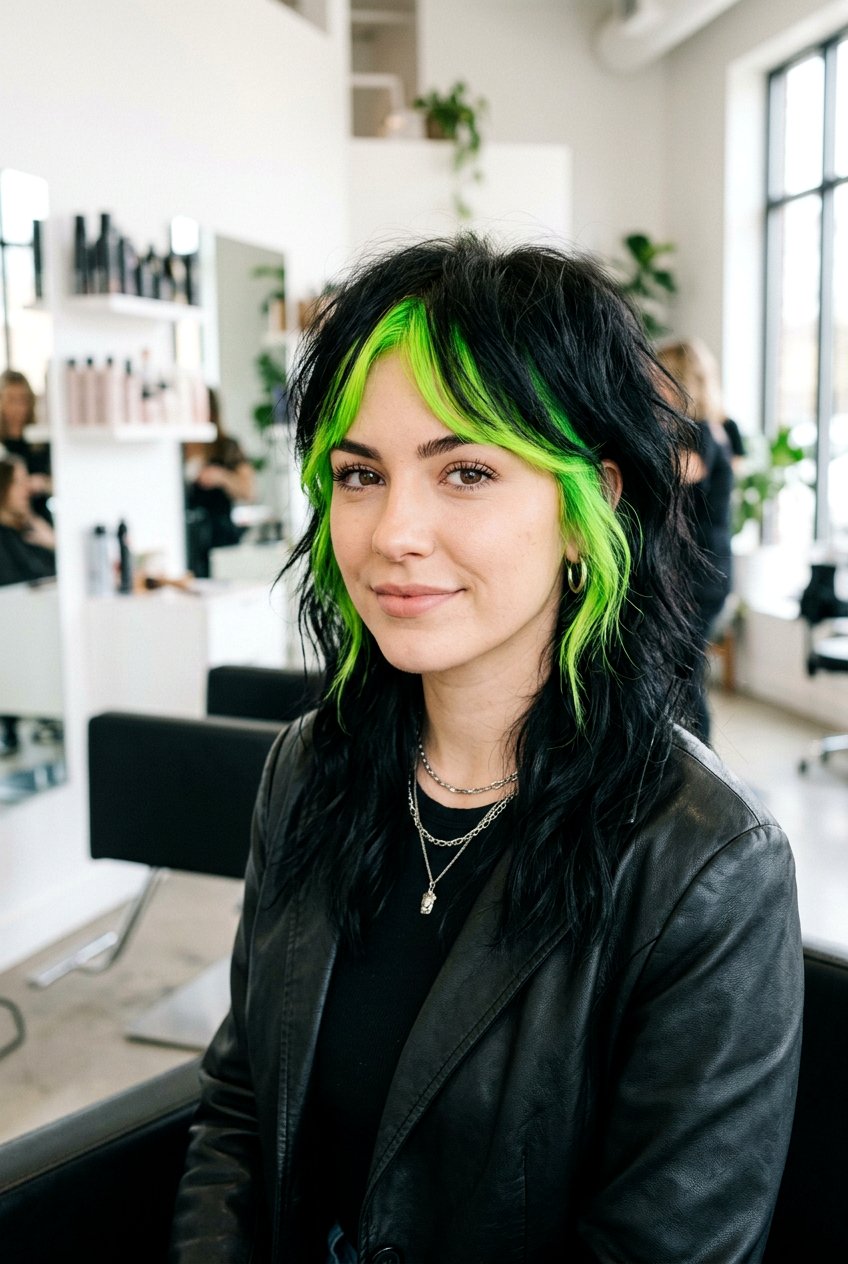 Neon Green Front Streaks - 20 e girl hair color - 20 e girl hair color