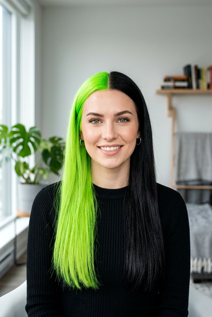 Neon Green Half and Half Split Dye - 20 neon green hair color - 20 neon green hair color