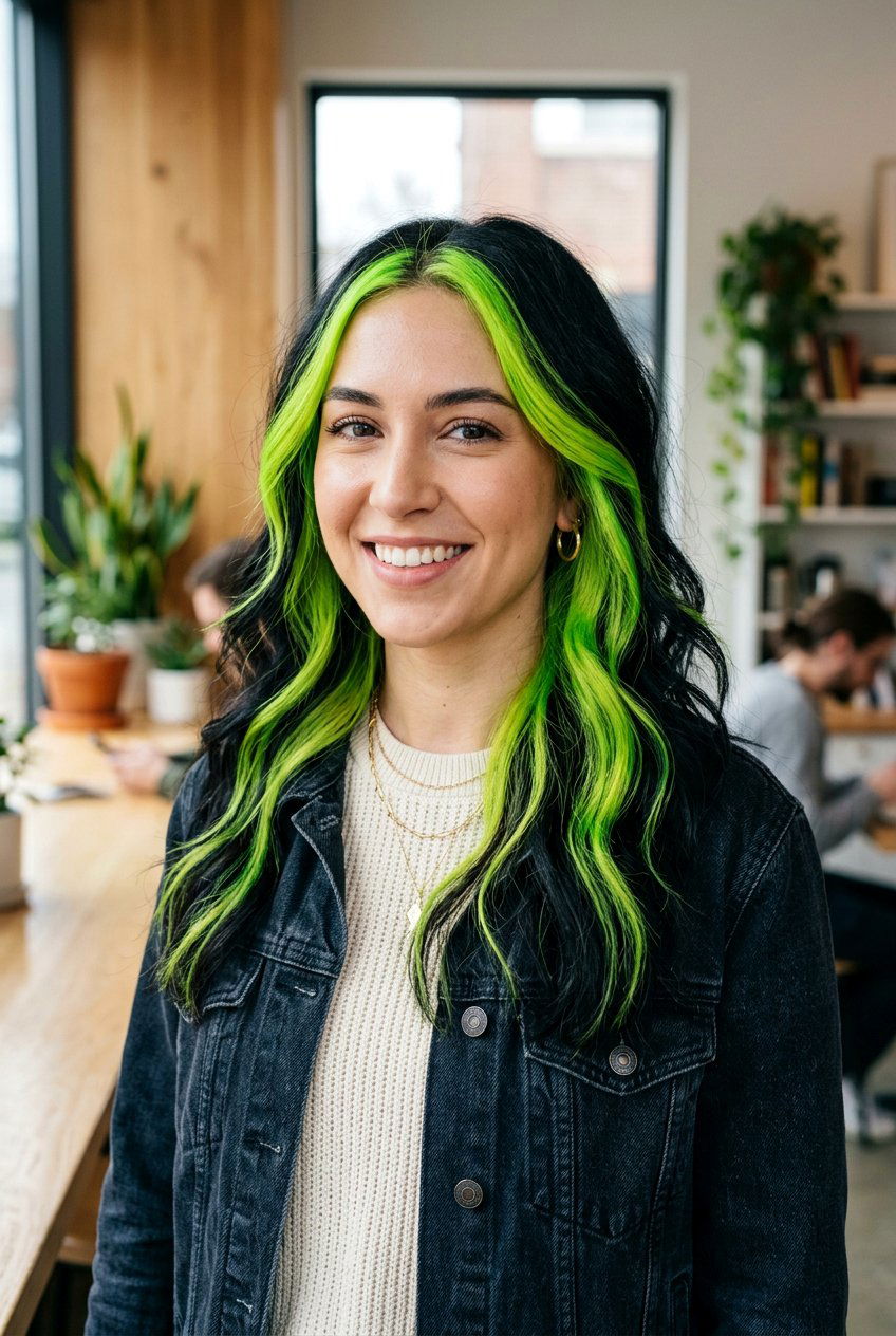 Neon Green Highlights on Dark Hair - 20 neon green hair color - 20 neon green hair color