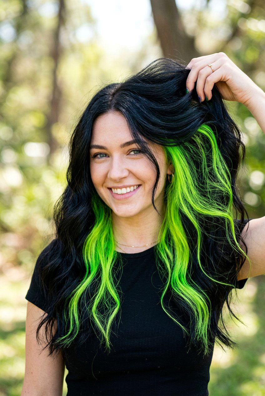 Neon Green Peekaboo Highlights - 20 neon green hair color - 20 neon green hair color