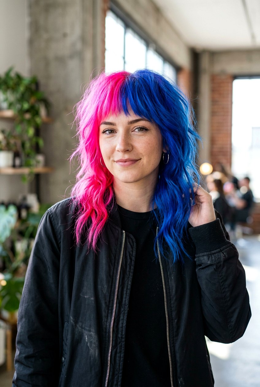 Neon Pink And Electric Blue Split Dye - 20 alternative split hair color - 20 alternative split hair color