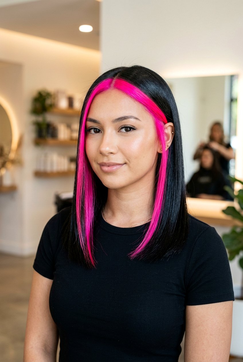 Neon Pink Money Piece On Straight Hair - 20 pink money piece hair - 20 pink money piece hair