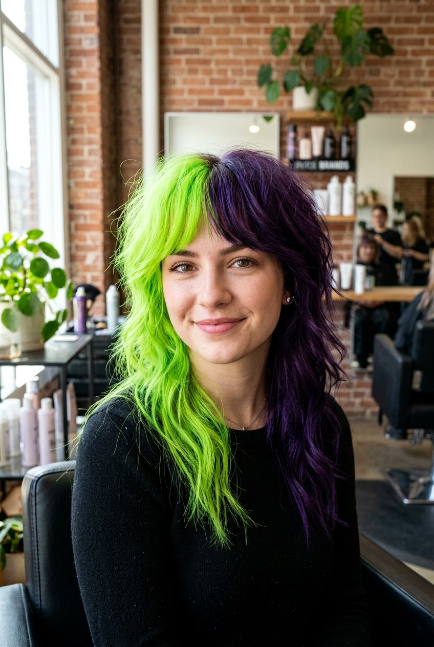 Neon green and purple split dye - 20 split dye hair color - 20 split dye hair color