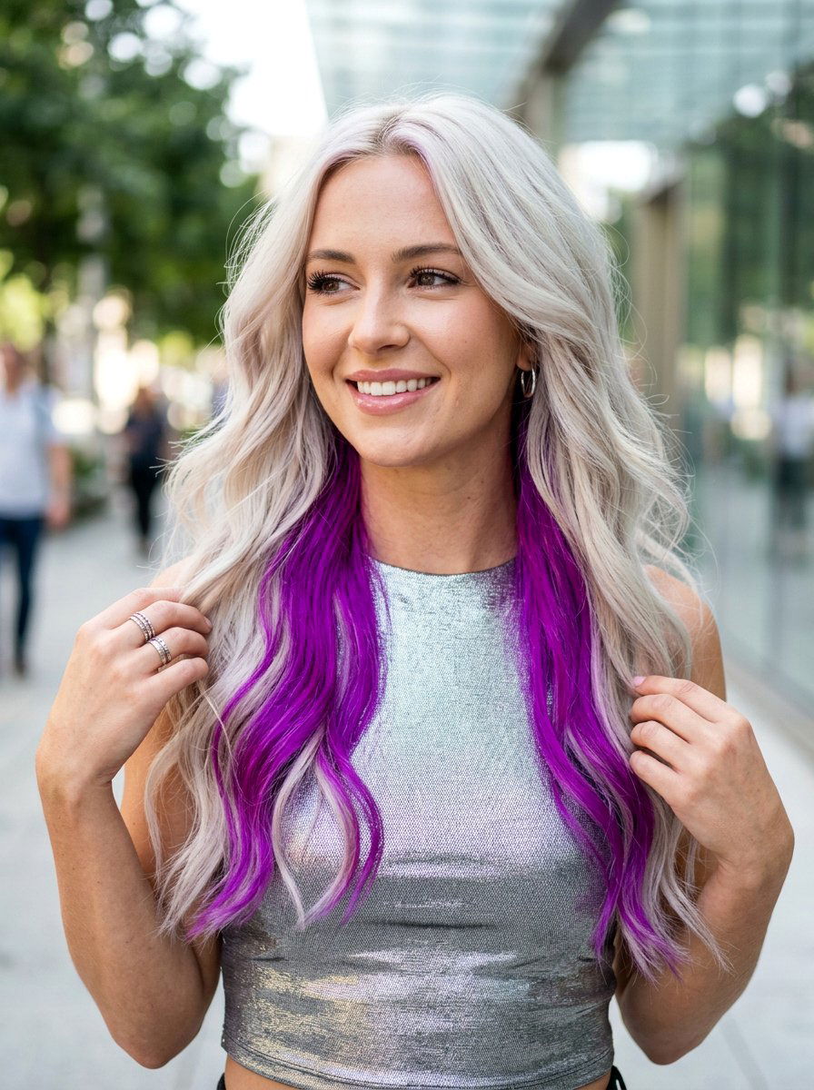 Neon purple underlayer on icy blonde hair - 20 lavender underlayer on blonde hair - 20 lavender underlayer on blonde hair