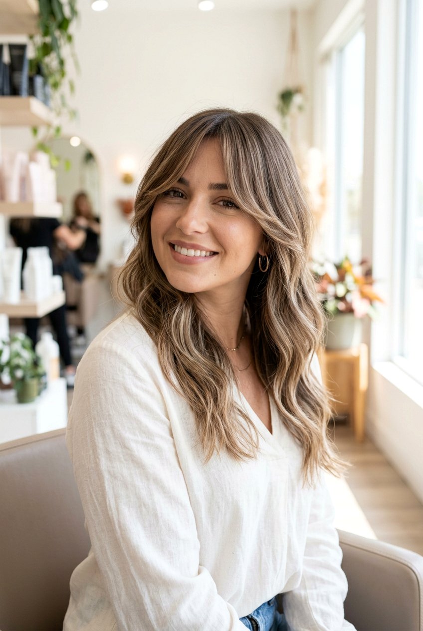 Neutral Brown Balayage With Curtain Bangs - 20 neutral brown balayage - 20 neutral brown balayage