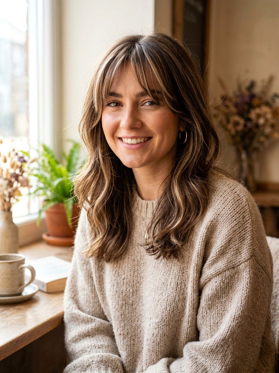 Neutral Brunette With Babylights On Curtain Bangs - 20 neutral brunette with babylights - 20 neutral brunette with babylights