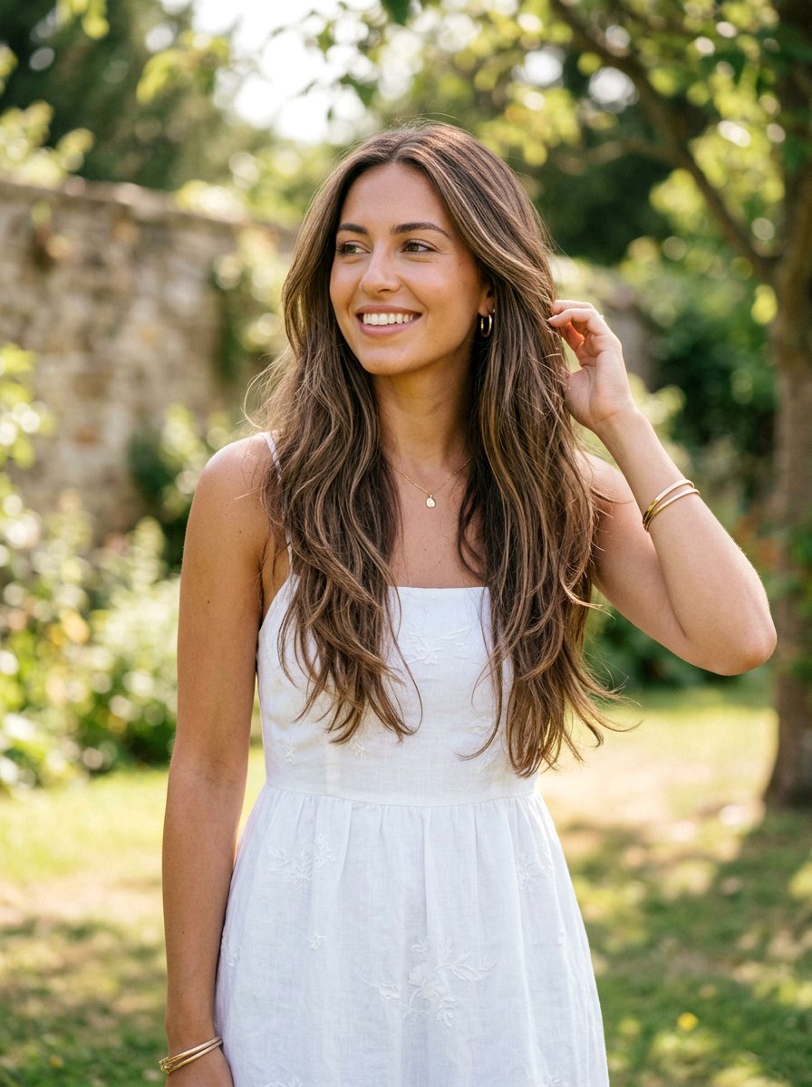 Neutral Brunette With Babylights On Long Layers - 20 neutral brunette with babylights - 20 neutral brunette with babylights