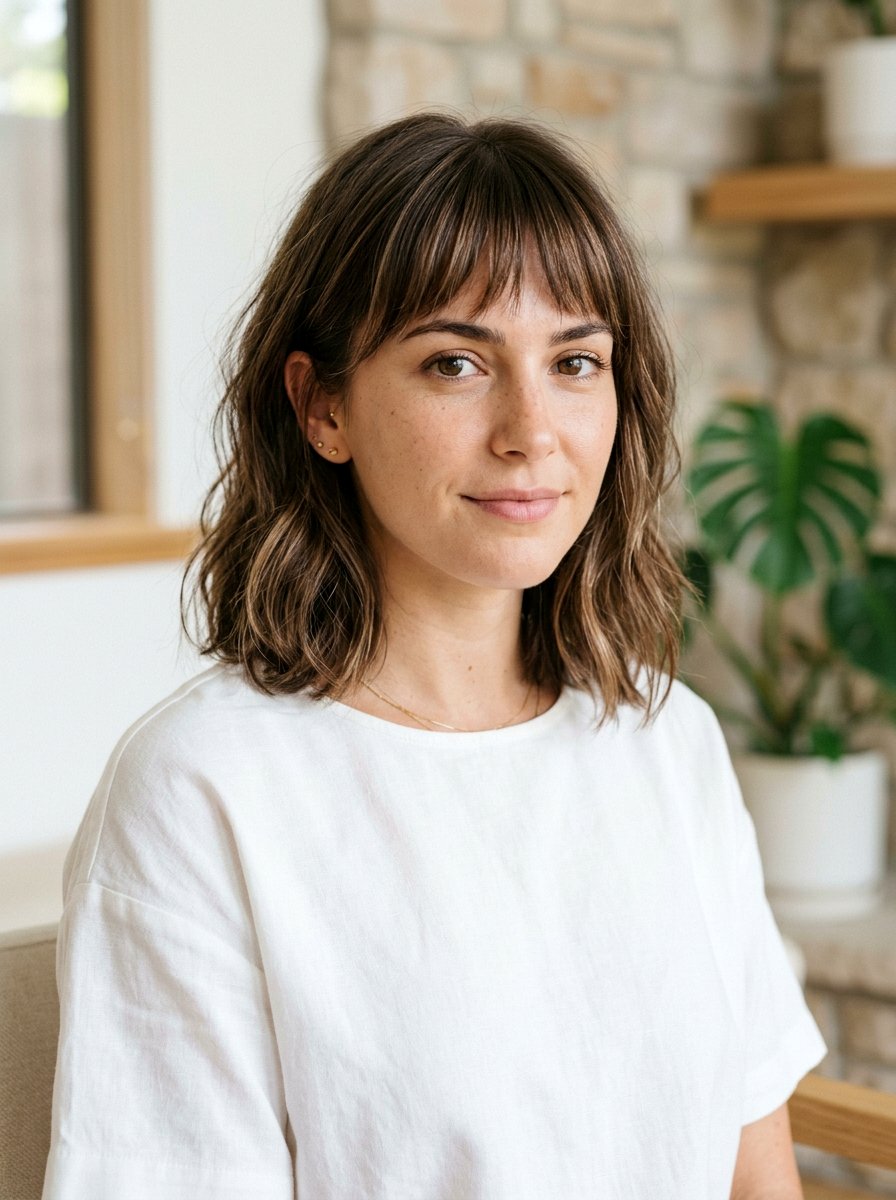 Neutral Brunette With Babylights On Micro Bangs - 20 neutral brunette with babylights - 20 neutral brunette with babylights